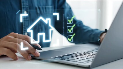 Person Using Stylus on Laptop with Digital House Icon and Interactive Checklist