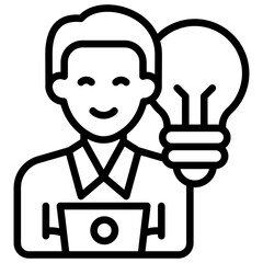 Creative Leader Outline Icon Design Vector - Person with laptop and light bulb, symbolizing leadership, innovation, and creativity