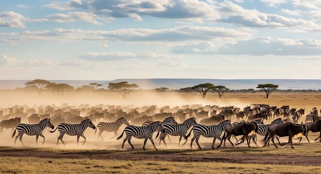 A massive herd of zebras and wildebeest stampede across the dusty African savanna during the great migration.