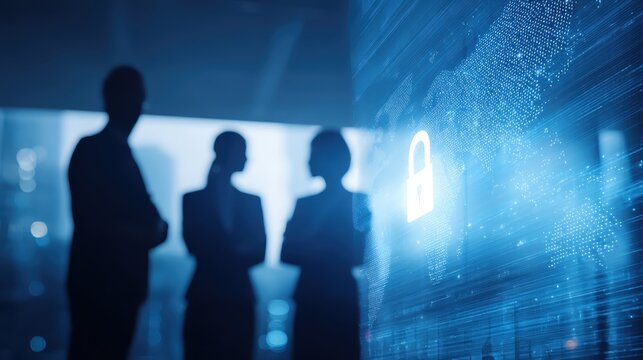 Business professionals silhouetted against a digital screen displaying a padlock symbol, representing cybersecurity and data protection