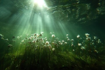 Fototapeta premium Sunlight streams through water, illuminating underwater flowers and green plants in a serene aquatic scene