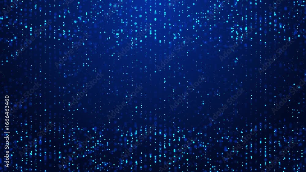 Poster animation of digital particles moving dark blue space. visual flow of data, motion of futuristic tec