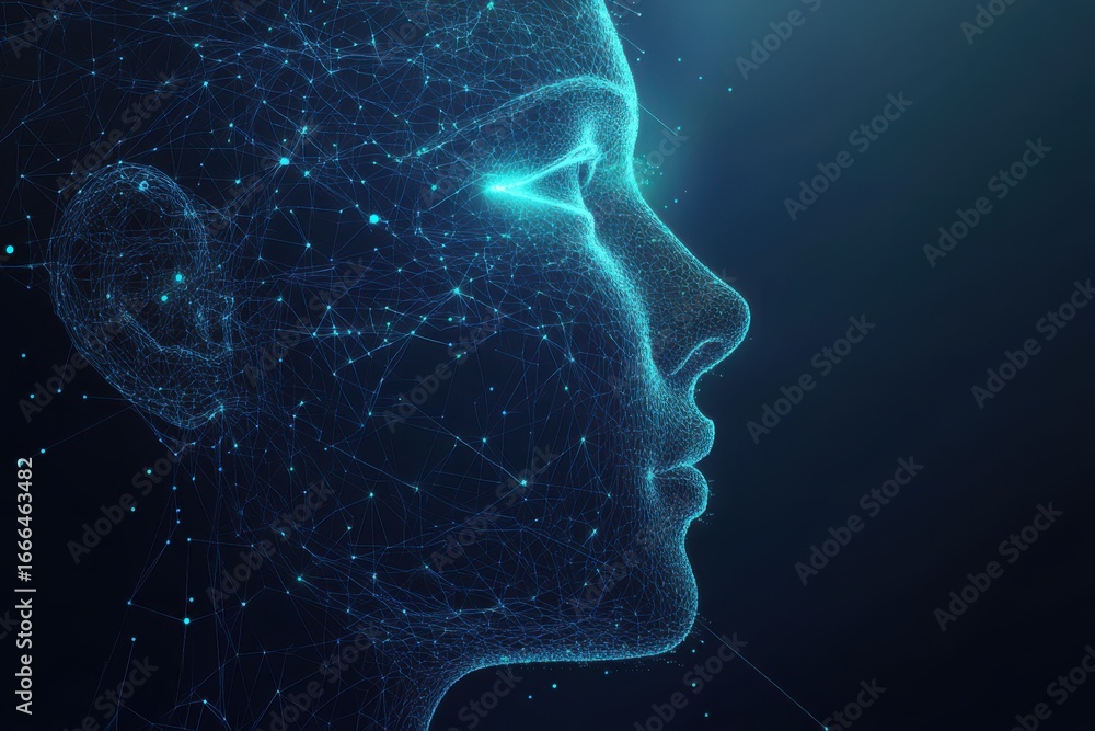 Poster digital human face in profile, illuminated by network of connected points in a futuristic style