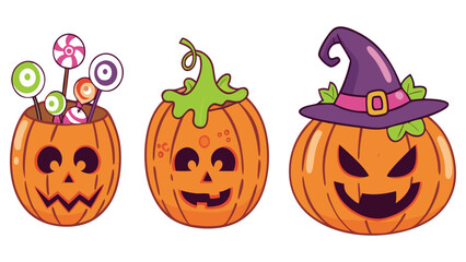 Cute Halloween Pumpkin Cartoon Set – Funny Jack-O’-Lanterns with Candy and Witch Hats