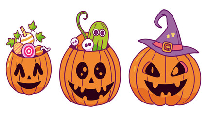 Cute Halloween Pumpkin Cartoon Set – Funny Jack-O’-Lanterns with Candy and Witch Hats