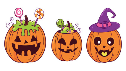 Cute Halloween Pumpkin Cartoon Set – Funny Jack-O’-Lanterns with Candy and Witch Hats