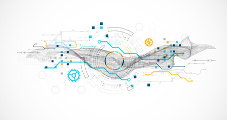Abstract data background with wireframe wave and circuit lines. Technology concept. Vector
