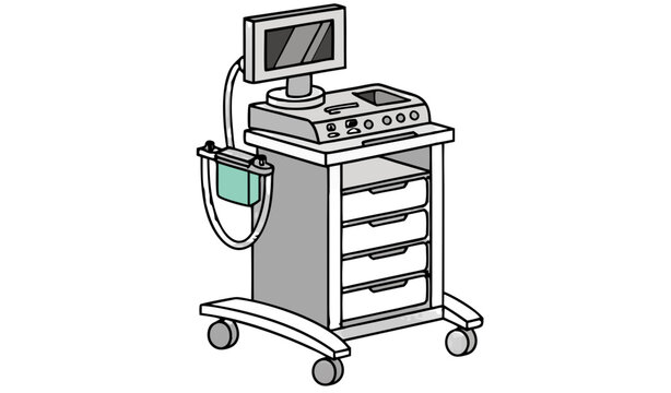 Modern endoscopy procedure cart featuring a computer monitor, medical devices, and storage drawers, isolated on a transparent background, ready for use in a medical setting