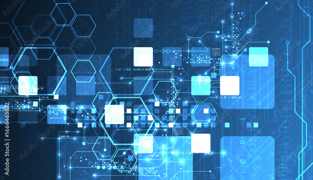Poster a technical background using technological lines, squares, and hexagons combined into an art composi