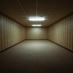 The interior of the empty backroom is a beige carpeted space with fluorescent lighting, patterned wallpaper, and an eerie liminal atmosphere.