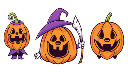 Cute Funny Halloween Pumpkins Cartoon Set – Jack-O’-Lantern Characters with Witch Hat and Scythe