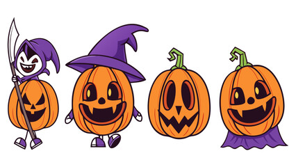 Cute Funny Halloween Pumpkins Cartoon Set – Jack-O’-Lantern Characters with Witch Hat and Scythe
