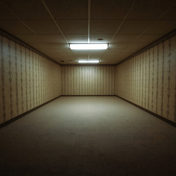 The interior of the empty backroom is a beige carpeted space with fluorescent lighting, patterned wallpaper, and an eerie liminal atmosphere.