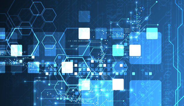 A technical background using technological lines, squares, and hexagons combined into an art composition.