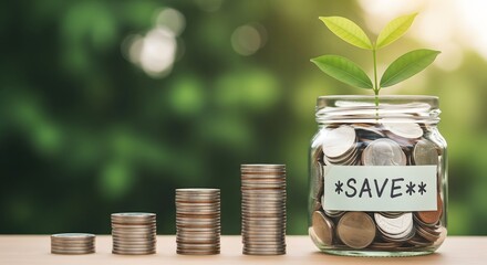 A plant grows from a glass jar full of coins labeled SAVE. Concept of saving money, investment, financial growth, and business success.