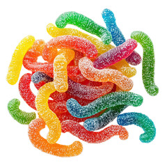 Sweet chewy gummy worms assortment isolated on white transparent background