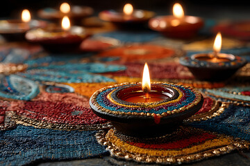 Indian festival Diwali, Diya oil lamps lit on colorful rangoli. Hindu traditional. Happy Deepavali. Copy space for text.