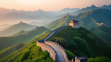Great Wall of China Scenic View Across Green Mountains at Sunrise"