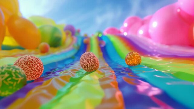 Vibrant and colorful assortment of sweets such as gumdrops, lollipops, gummy bears, hard candy, and more.