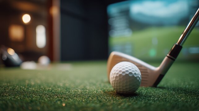 A close-up of a golf club and ball on artificial turf in an indoor golf simulator with a digital screen in the background