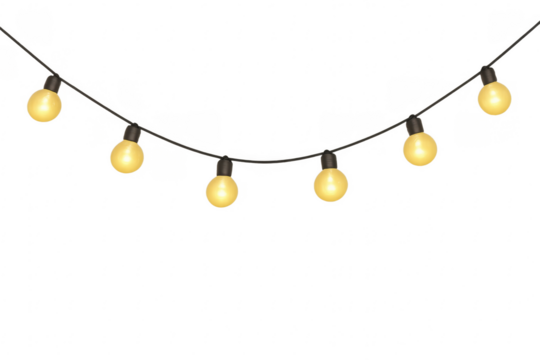 Glowing string lights hanging on transparent background