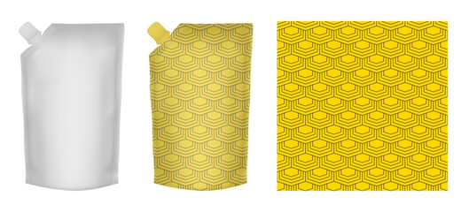Spouted pouch - blank mockup template. Yellow pattern for packaging design. Doypack. Flexible doy pack