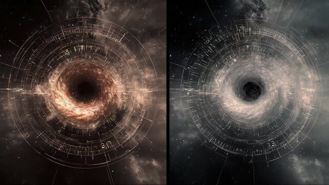 Cosmic Entities: A stunning display of celestial marvels, featuring two contrasting black hole scenarios, set against a dark, textured canvas of the cosmos.