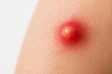 Fototapeta premium Close-up of single red pimple with pus filled head on human skin