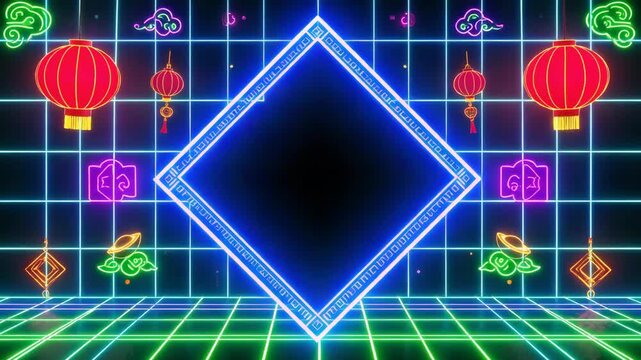 Vibrant neon chinese new year decorations with lanterns and clouds frame an empty space.