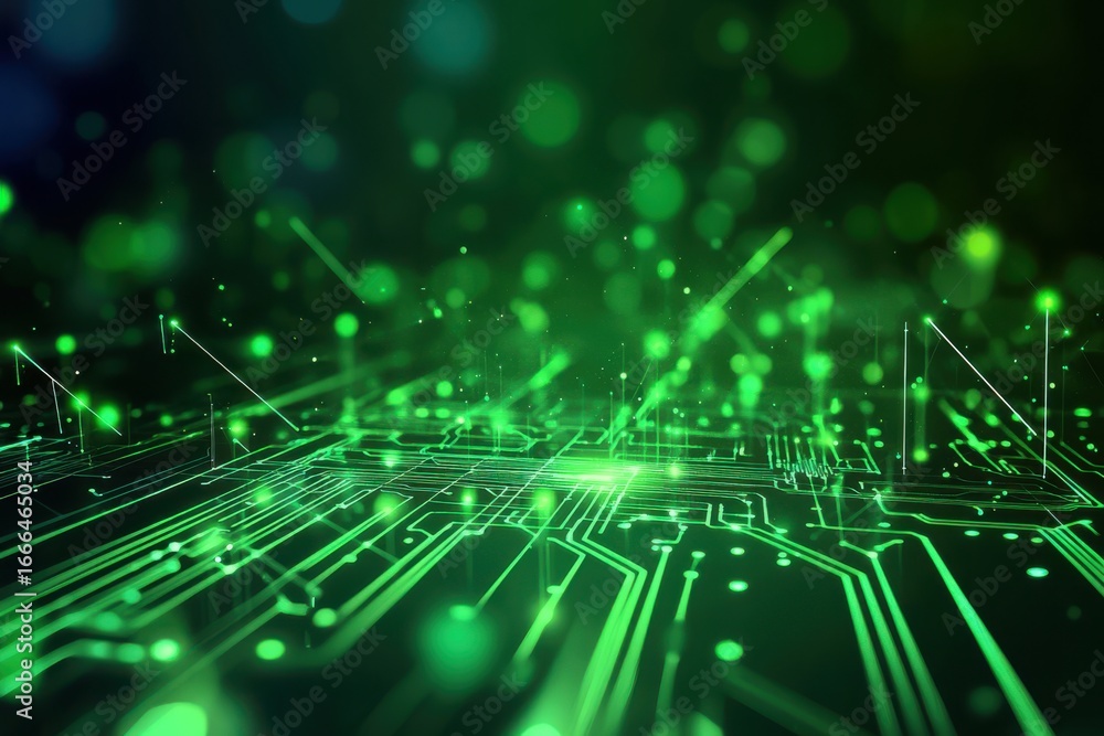 Poster futuristic green circuit board design with glowing lines and bokeh effects, illustrating technology 