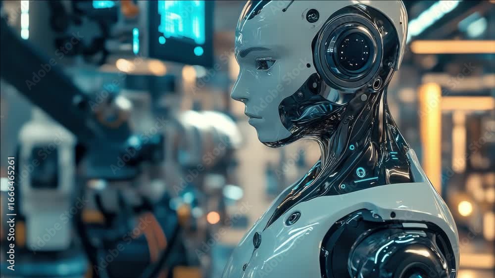 Poster a sophisticated humanoid robot in an advanced tech factory.