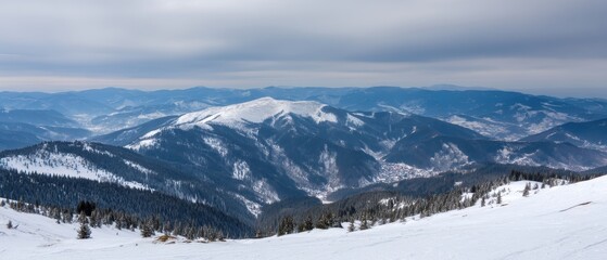 Obraz premium Snow-covered mountains under a cloudy sky with forested slopes and distant ridges visible