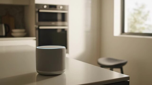 Smart speaker on kitchen countertop with modern appliances in background