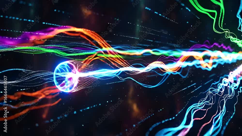 Poster dynamic abstract animation of glowing particles and energy waves, perfect for technology