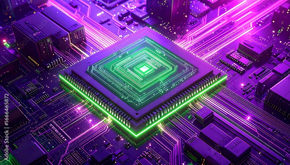Poster abstract blue technology background with squares featuring a computer circuit board and microchip de