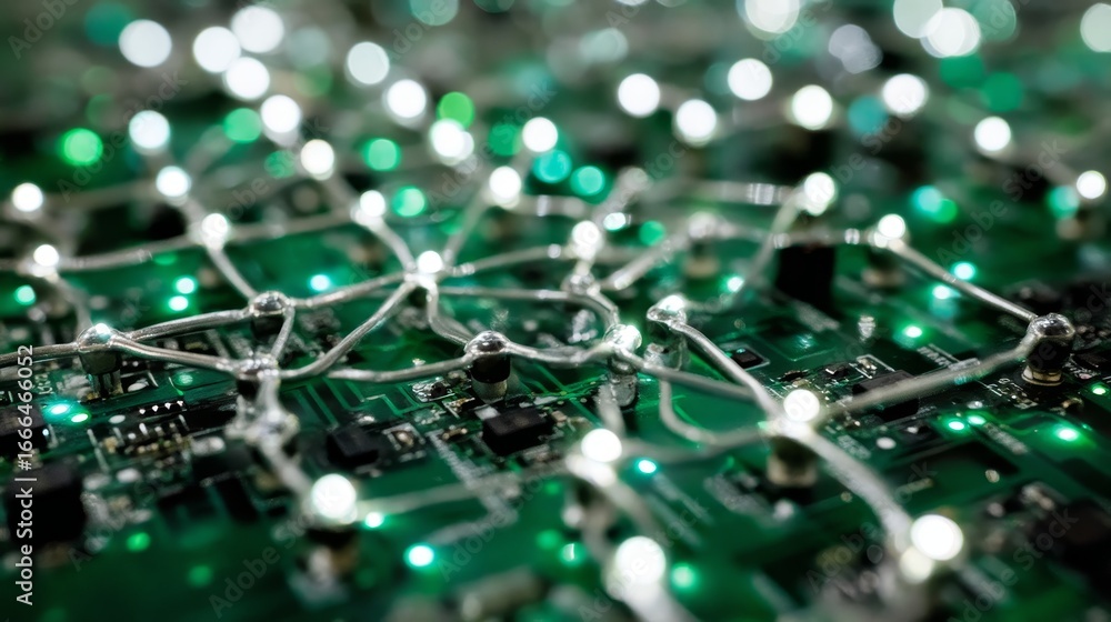 Poster closeup of glowing interconnected nodes forming a digital network on circuit board with copy space e