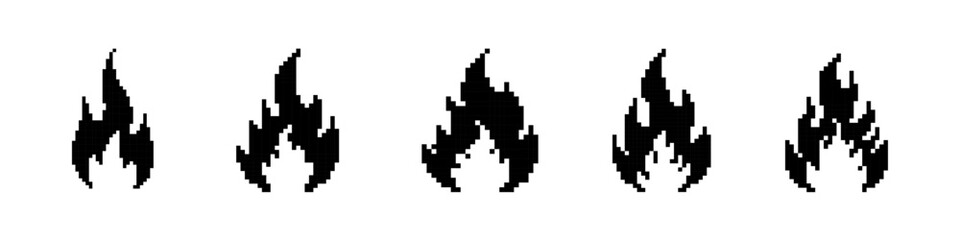 Fire pixel icons set. Flame, bonfire symbol collection. Pixel art.