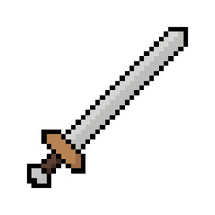 Sword pixel icon. Symbol in retro 8-bit style. Pixel art.