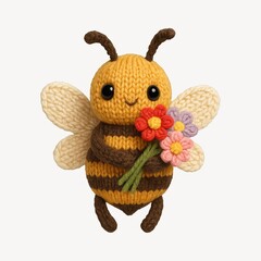 Cute knitted bee holding flowers.