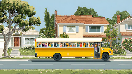 A vibrant yellow school bus filled with children passes by suburban houses in a cheerful neighborhood.