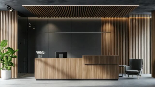 Modern office reception desk with wood finish. High end, sleek, and professional. Perfect for modern businesses.