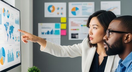 Diverse business colleagues analyzing charts and graphs on monitor screen