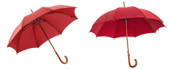 Pair of scarlet umbrellas with wooden handles