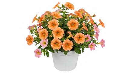 Obraz premium Orange and pink petunia flowers in white pot on white background