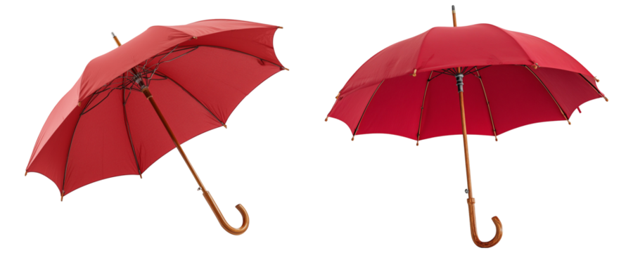 Pair of scarlet umbrellas with wooden handles