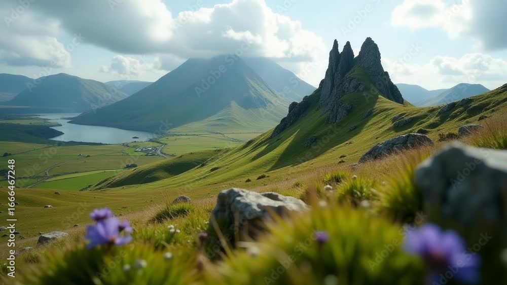 Poster a serene landscape featuring a mountain range with a calm lake in the distance, perfect for use as a