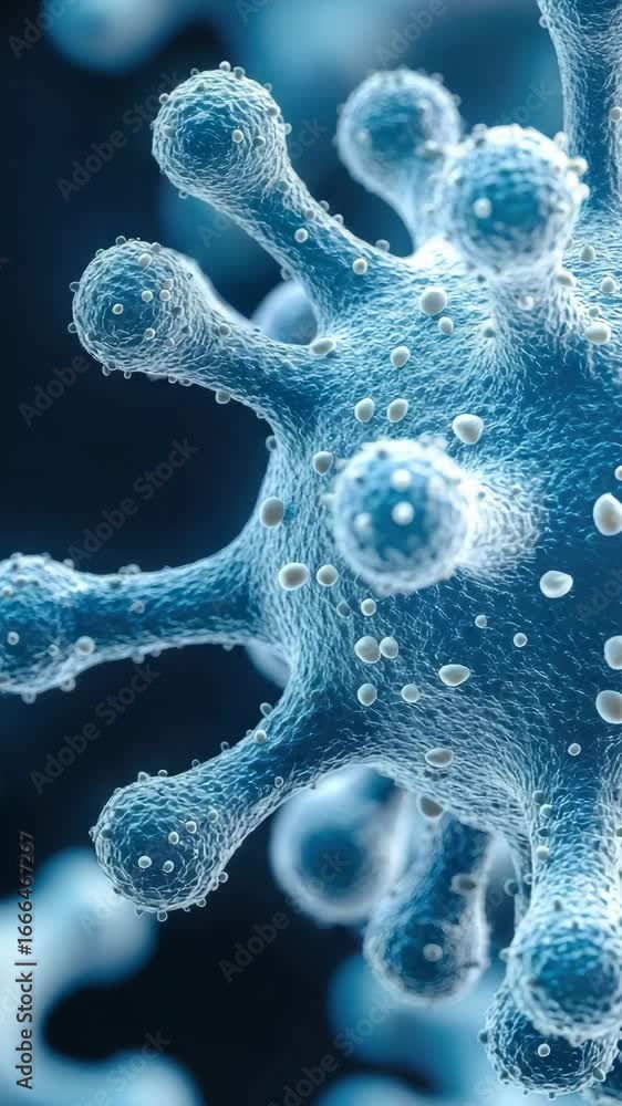 Poster intricate three-dimensional illustration of cellular structure or pathogen, showcasing its rough, gl