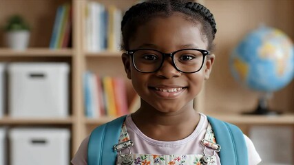 Happy Young Black Schoolgirl with Glasses and Backpack Smiling at Camera - Powered by Adobe