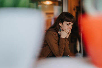 A thoughtful woman sits in a cozy coffee bar, appearing sad and introspective. The atmosphere...