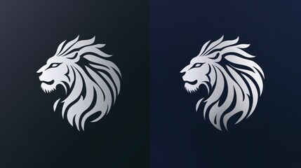 Two silver lion head logos on dark backgrounds